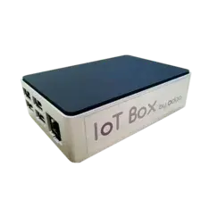 Illustration of key business hardware and systems used with Odoo: IoT box, kiosk, barcode scanner, shop floor monitor, expense tracking, and frontdesk